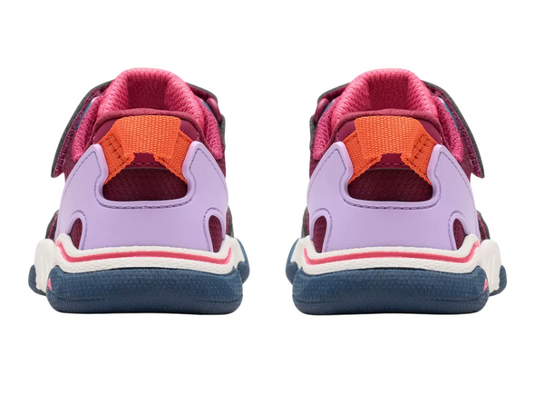 Clarks Feather Track T - Berry Combo laced sneaker with Velcro strap on white background back view