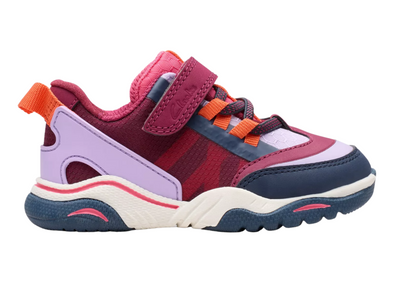 Clarks Feather Track T - Berry Combo laced sneaker with Velcro strap on white background