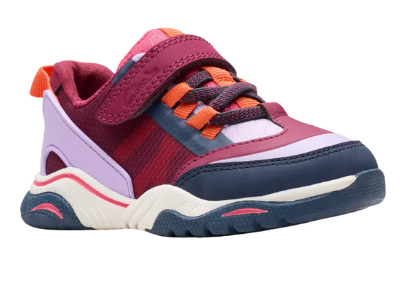 Clarks Feather Track T - Berry Combo laced sneaker with Velcro strap on white background upper view