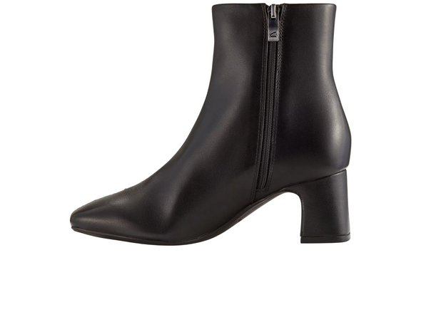 Clarks Fernie Zip - Black leather ankle boot with block heel and inner zip on a white background