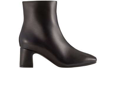 Clarks Fernie Zip - Black leather ankle boot with block heel on a white background