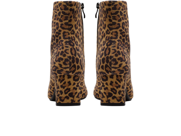 Clarks Fernie Zip - Leopard Suede ankle boot with block heel on a white background back view