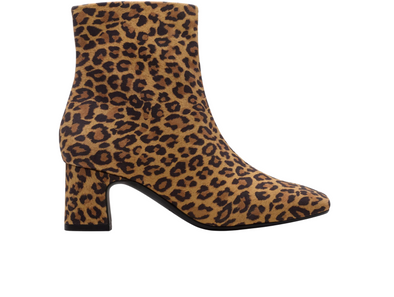Clarks Fernie Zip - Leopard Suede ankle boot with block heel on a white background