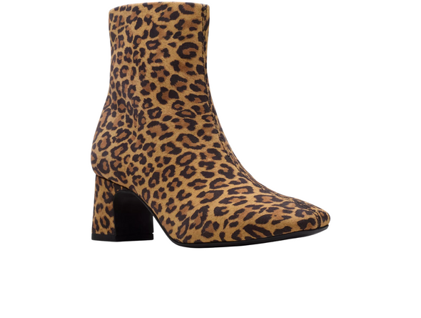 Clarks Fernie Zip - Leopard Suede ankle boot with block heel on a white background upper view