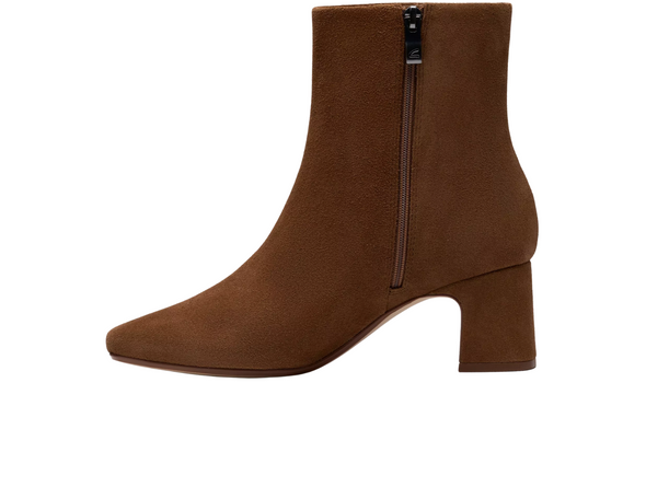 Clarks Fernie Zip - Walnut Suede ankle boot with a block heel and inner zip on a white background