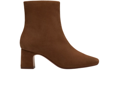 Clarks Fernie Zip - Walnut Suede ankle boot with a block heel on a white background