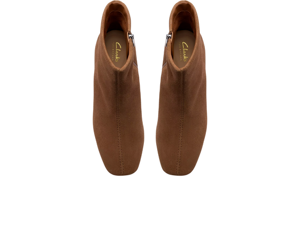 Clarks Fernie Zip - pair of Walnut Suede ankle boots with a block heel on a white background