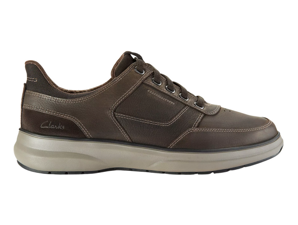Clarks Mullan Easy - Dark Brown leather laced casual shoe against a white background