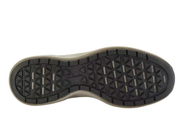 Clarks Mullan Easy - Dark Brown leather laced casual shoe sole view with a geometric thread against a white background