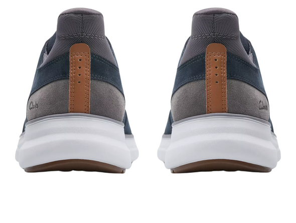 Clarks Mullan Easy - laced Navy sneaker with grey accents against a white background back view