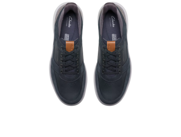 Clarks Mullan Easy - laced Navy sneaker with grey accents against a white background top view
