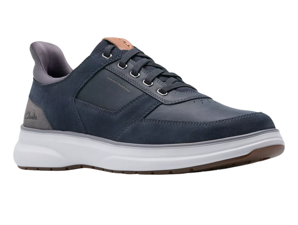 Clarks Mullan Easy - laced Navy sneaker with grey accents against a white background upper view