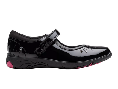 Clarks Relda Wish K school shoe in Black Patent with Velcro strap