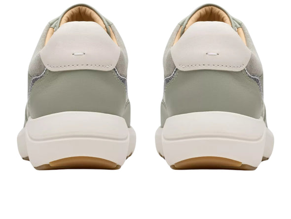 Clarks Tivoli Walk Light Green. Leather shoe with silver heel panel. Laced, perforated upper, back view