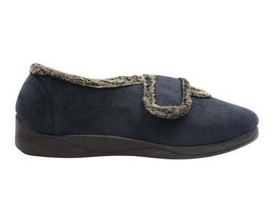 Cosy Comfort 23342 32 Ivy - Navy slipper with faux fur trim and lining with a Velcro strap on a white background 
