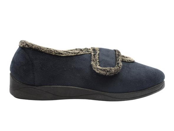Cosy Comfort 23342 32 Ivy - Navy slipper with faux fur trim and lining with a Velcro strap on a white background 