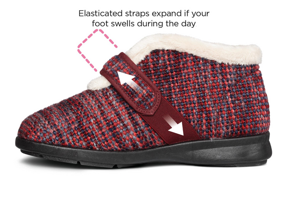 Easy B Duck - Burgundy Multi bootie slipper with an expandable elasticated strap, fluffy lining and a black sole on a white background. 