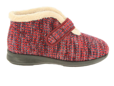 Easy B Duck - Burgundy Multi bootie slipper with a strap, fluffy lining and a black sole on a white background. 