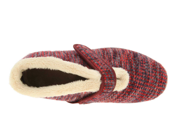 Easy B Duck - Burgundy Multi bootie slipper with a strap, fluffy lining and a black sole on a white background top view