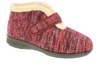 Easy B Duck - Burgundy Multi bootie slipper with a strap, fluffy lining and a black sole on a white background upper view