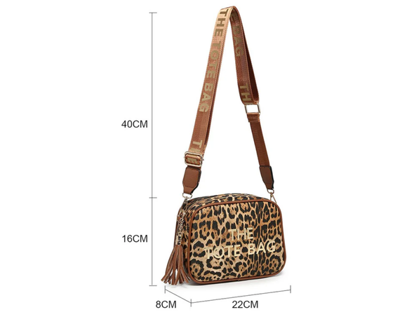 DBox ZQ-306-5 Cross Body Bag in Leopard print with dimensions on a white background