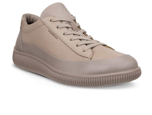 Ecco 220283 55294 Soft Zero laced sneaker in Moon Rock beige on white background, upper view