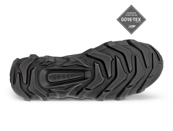 Ecco MX 820193-51052 - laced Black Gore-Tex shoe against a white background, sole view
