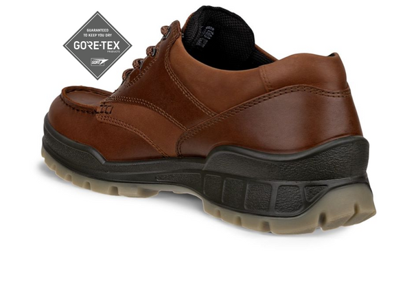 Ecco Track GTX 25 831714-53010 - brown laced leather shoe with rubber sole on a white background with a Gore-Tex sticker inner view
