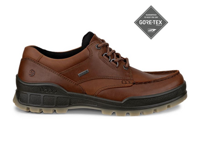 Ecco Track GTX 25 831714-53010 - brown laced leather shoe with rubber sole on a white background with a Gore-Tex sticker