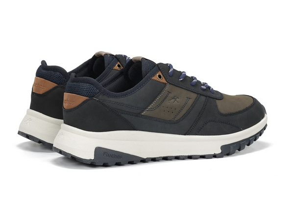Fluchos F2013 Arion - Blue laced sneaker with a white sole on a white background back view