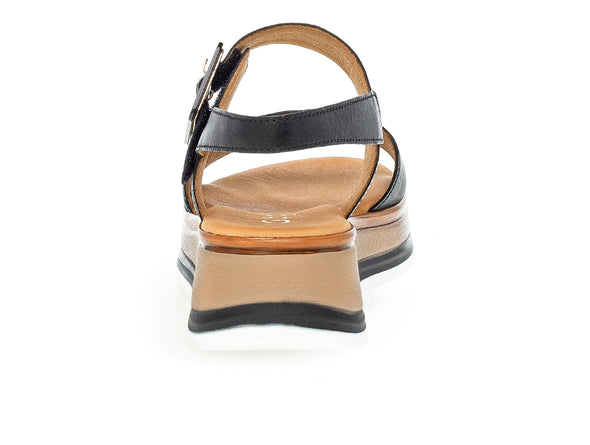 Gabor 62.744.57 Aviemore Black leather sandal, open-toe, Velcro strap, buckle detail, G-width fit back