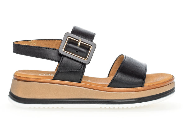 Gabor 62.744.57 Aviemore Black leather sandal, open-toe, Velcro strap, buckle detail, G-width fit outer