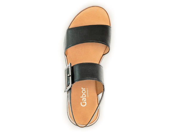 Gabor 62.744.57 Aviemore Black leather sandal, open-toe, Velcro strap, buckle detail, G-width fit top