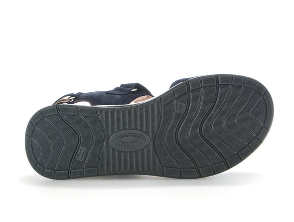Gabor Rolling Soft 66.889.36 navy walking sandal with leather upper, flexible outsole, stabilizer, and soft foam cushioning