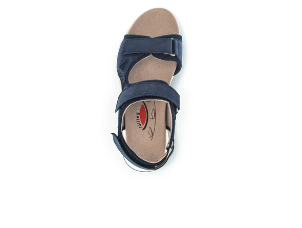 Gabor Rolling Soft 66.889.36 navy walking sandal with leather upper, flexible outsole, stabilizer, and soft foam cushioning
