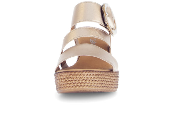 Gabor 64.770.64 Drama Champagne leather sandal, Velcro closure, O-ring buckle, and 7.5cm wedge heel, front