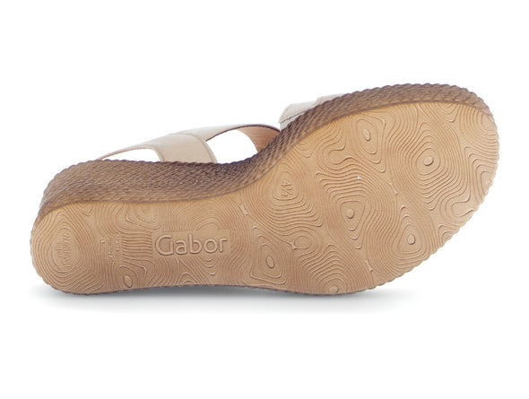 Gabor 64.770.64 Drama Champagne leather sandal, Velcro closure, O-ring buckle, and 7.5cm wedge heel, sole