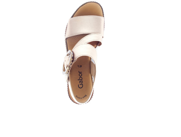 Gabor 64.770.64 Drama Champagne leather sandal, Velcro closure, O-ring buckle, and 7.5cm wedge heel, top