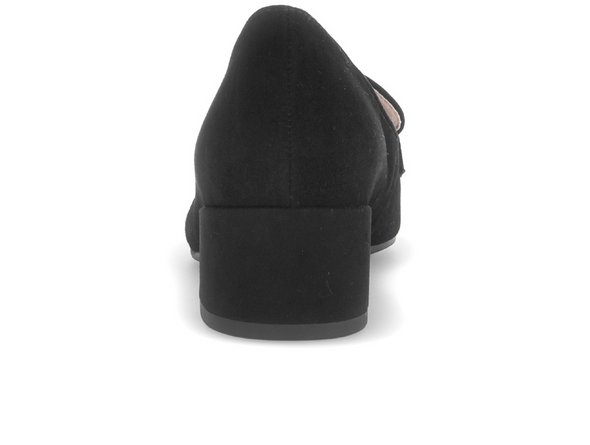 Gabor 71.432.17 - Black suede loafer with a low block heel on a white background back view