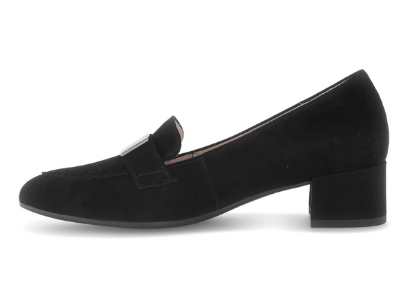 Gabor 71.432.17 - Black suede loafer with a low block heel on a white background inner view