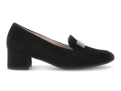 Gabor 71.432.17 - Black suede loafer with a low block heel on a white background. 