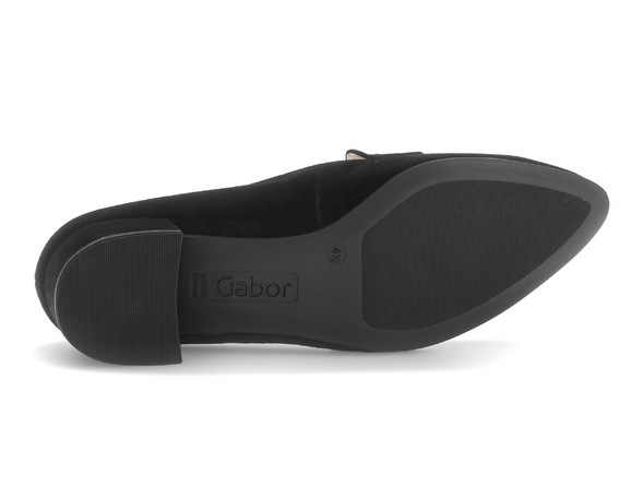 Gabor 71.432.17 - Black suede loafer with a low block heel on a white background sole view