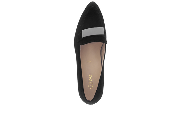 Gabor 71.432.17 - Black suede loafer with a low block heel on a white background top view
