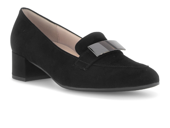 Gabor 71.432.17 - Black suede loafer with a low block heel on a white background upper view