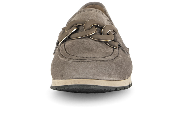 Gabor 72.415.30 Bea - Truffle suede loafer with a decorative buckle on a white background front view