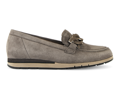 Gabor 72.415.30 Bea - Truffle suede loafer with a decorative buckle on a white background