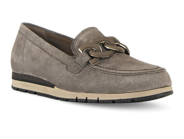 Gabor 72.415.30 Bea - Truffle suede loafer with a decorative buckle on a white background upper view