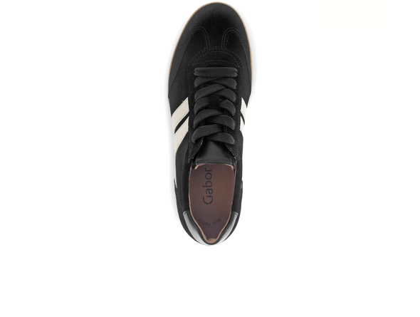 Gabor 73.300.17 West - laced Black sneaker with white stripes and a rubber sole on a white background top view