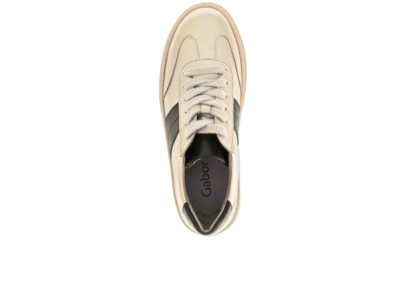 Gabor 73.350.62 in Champagne laced sneaker with black accents, platform gum sole top view on white background. 