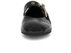 Gabor 74.144.20, flat Black shoe with god accents on white background. 
